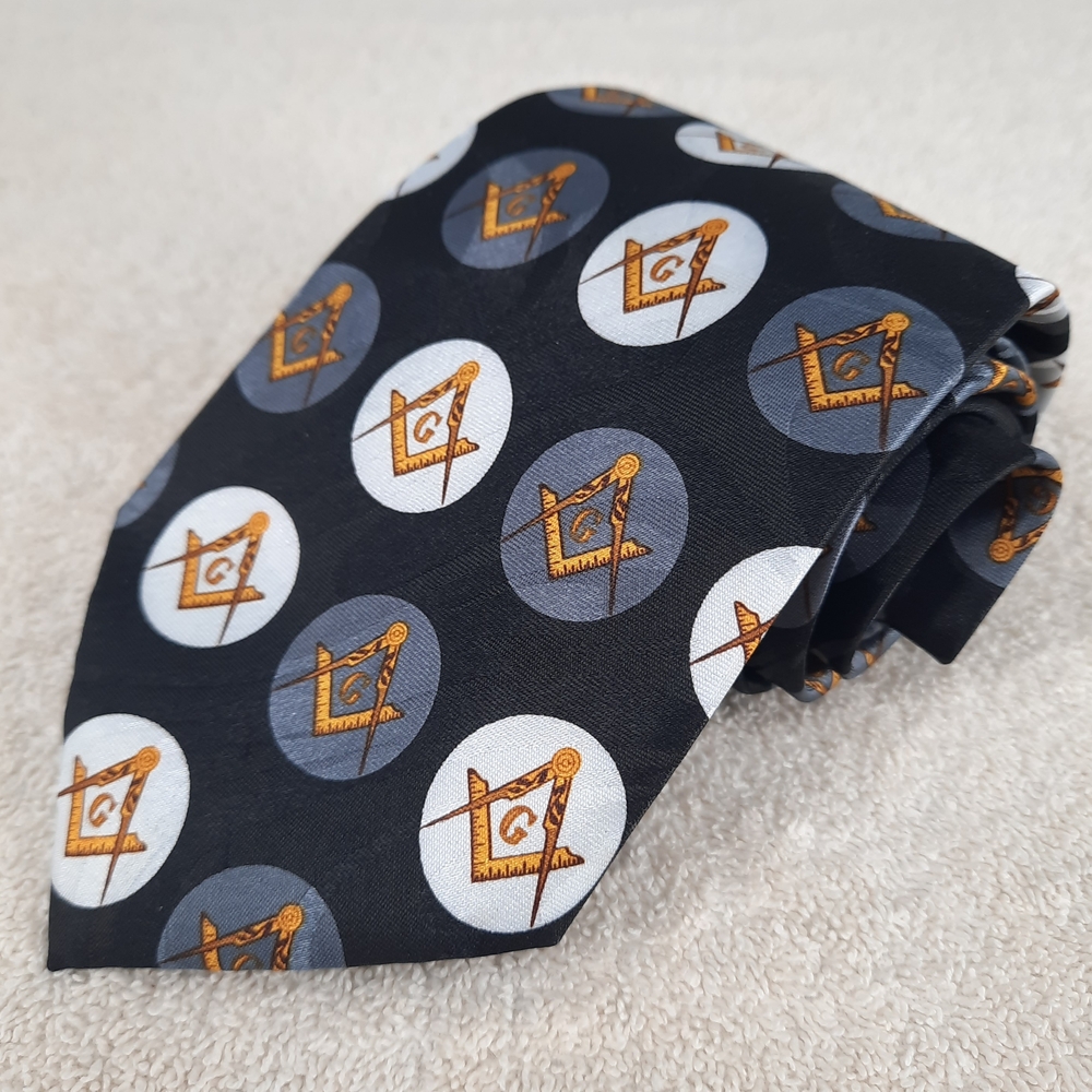 Elegant Black and Gold Masonic Square And Compass Patterned Tie